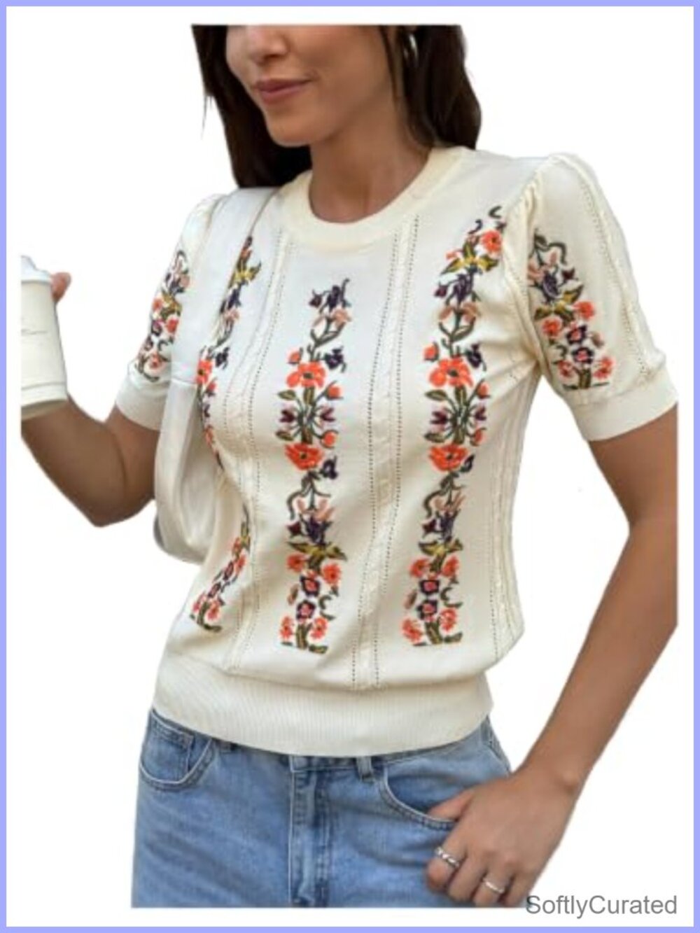 Women's Lightweight Floral Embroidered Cable Knit Short Sleeve Sweater Pullover